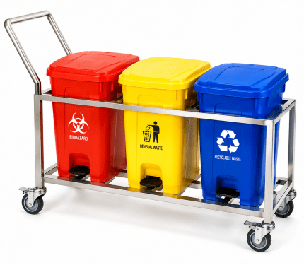 BMW Waste Segregation Trolley – Stainless Steel 3 Bin Cleaning & Recycling System